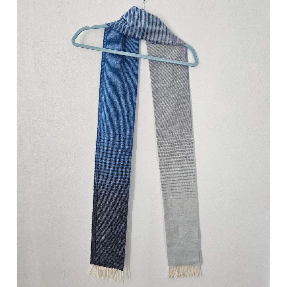 Aran Islands Knitwear Scarf‎ Blue Grey Striped Wool Blend Made in Ireland Fringe